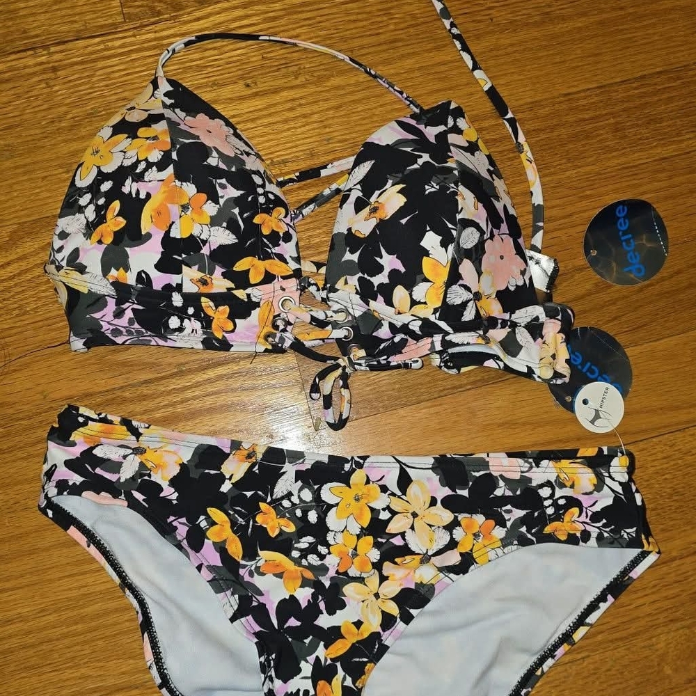 Floral Bikini Set with Black and Yellow Accents